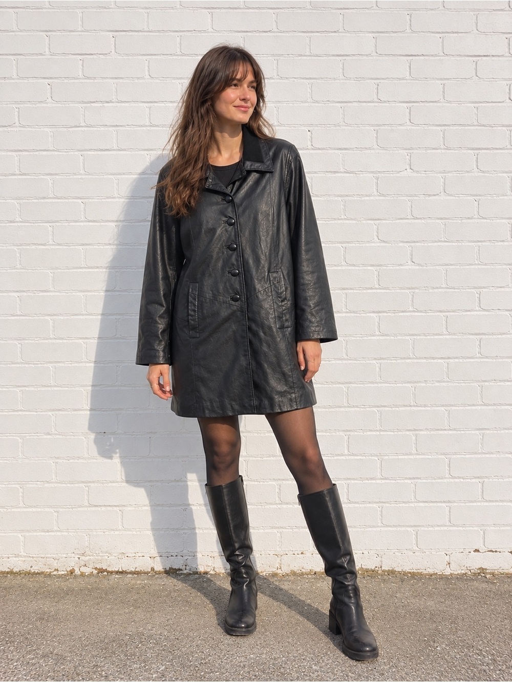Vintage Black Leather Coat Jacket Midi Long 90s 1990s Womens Size Medium Loose